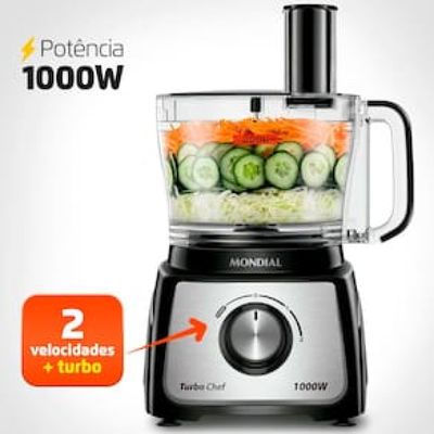 Multiprocessador de Alimentos Mondial Turbo Chef 9 em 1 MPN-01-BF com 2 Velocidades + Pulsar – 1000 W Inox,Preto / 220
