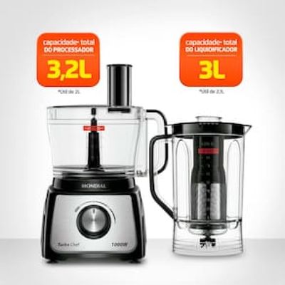 Multiprocessador de Alimentos Mondial Turbo Chef 9 em 1 MPN-01-BF com 2 Velocidades + Pulsar – 1000 W Inox,Preto / 220