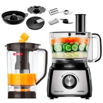 Multiprocessador de Alimentos Mondial Turbo Chef 9 em 1 MPN-01-BF com 2 Velocidades + Pulsar – 1000 W Inox,Preto / 220