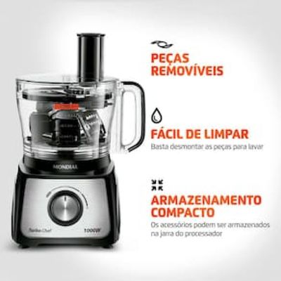 Multiprocessador de Alimentos Mondial Turbo Chef 9 em 1 MPN-01-BF com 2 Velocidades + Pulsar – 1000 W Inox,Preto / 220