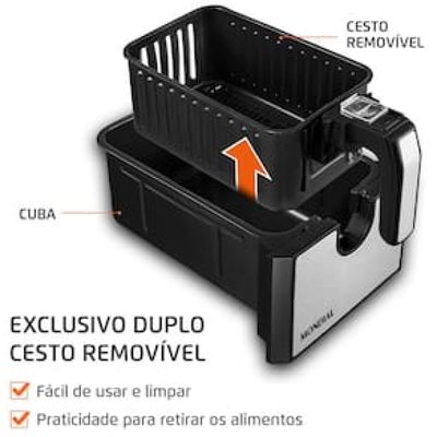 Fritadeira Elétrica Sem Óleo Air Fryer Mondial AFD-01-BI 8L Digital com Cesto Duplo– Preta/Inox Preto,Inox / 220