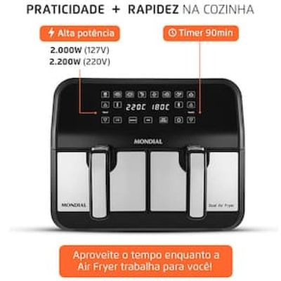 Fritadeira Elétrica Sem Óleo Air Fryer Mondial AFD-01-BI 8L Digital com Cesto Duplo– Preta/Inox Preto,Inox / 220