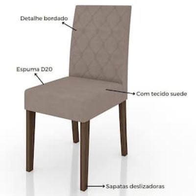 Mesa de Jantar Poliman Kate com Tampo de Vidro e MDP e 4 Cadeiras Revestidas em Tecido Suede Marrom Cacau