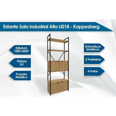 Estante Livreiro de Escritório Industrial Alta LI018 c/ 4 Portas 72x200cm Freijo/Preto - Kappesberg
