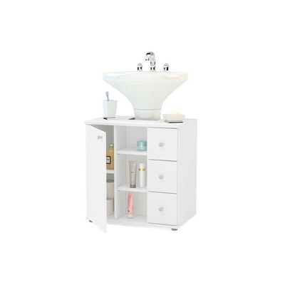 Bancada de Banheiro 3386 1 Porta e 3 Gavetas c/Pé 60cm cor Branco - Politorno
