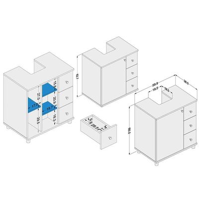 Bancada de Banheiro 3386 1 Porta e 3 Gavetas c/Pé 60cm cor Branco - Politorno
