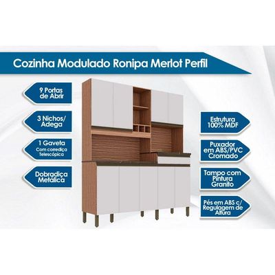 Cozinha Completa Merlot Perfil c/ 9 Portas e 1 Gaveta Sevilha/Cinza - Ronipa