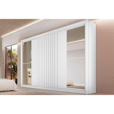 Guarda Roupas 3 Portas de Correr 1 Ripada e 6 Gavetas c/2 Espelhos Vitória Branco Acetinado - Europa