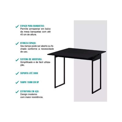 Mesa para Cozinha Dobrável 1590 c/ 2 Banquetas Preto - Carraro