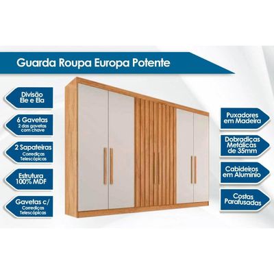Guarda Roupa 6 Portas Potente c/6 Gavetas e c/ 2 Ripadas Peroba - Europa