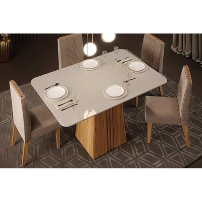 Mesa para Cozinha Italia c/Tampo Madeirado Vidro 120x90cm Freijó/Off White - DJ Móveis