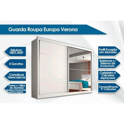Guarda Roupa 2 Portas Verona Plus c/4 Gavetas e de Correr c/1 Espelho Braúna - Europa