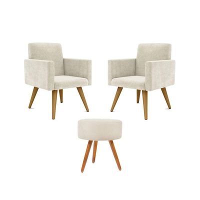 Kit 02 Poltronas Decorativas + Puff Decorativo Redondo Sala Cor:bege