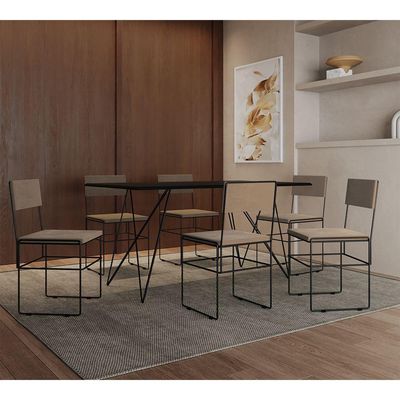 Kit 6 Cadeiras De Jantar Industrial Estofadas Bege Aço Preto