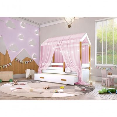 Cama Montessori Com Auxiliar Bola Led Colchão E Dossel Rosa