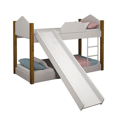 Bicama Infantil Com Escorregador Juvenil Luiza Branco E Amêndoa + Luminária Led - Cor: Branco