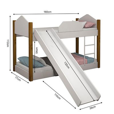 Bicama Infantil Com Escorregador Juvenil Luiza Branco E Amêndoa + Luminária Led - Cor: Branco