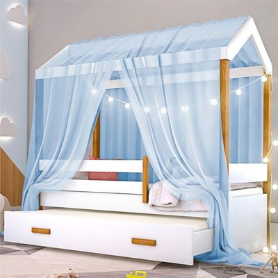 Cama Montessori Com Auxiliar Bola Led Colchão E Dossel Azul