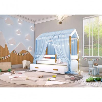 Cama Montessori Com Auxiliar Bola Led Colchão E Dossel Azul