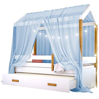 Cama Montessori Com Auxiliar Bola Led Colchão E Dossel Azul