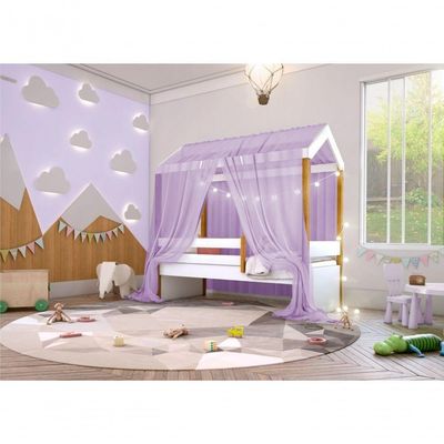 Cama Montessori Com Cordão Led Colchão E Dossel Lilás