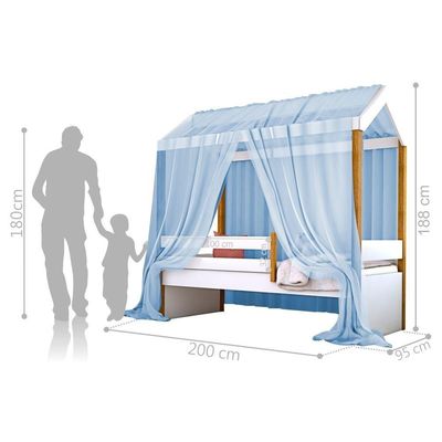 Cama Montessori Cabana Solterio Com Dossel Azul
