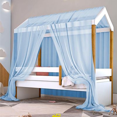 Cama Montessori Cabana Solterio Com Dossel Azul