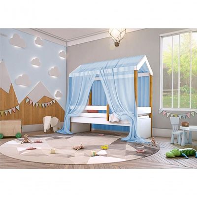 Cama Montessori Cabana Solterio Com Dossel Azul