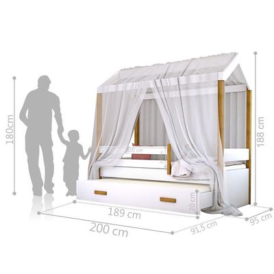 Cama Montessori Cabana Com Auxiliar Solteiro E Dossel Branco