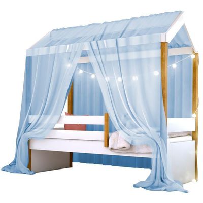 Cama Montessori Cabana Com Cordão Led Colchão E Dossel Azul