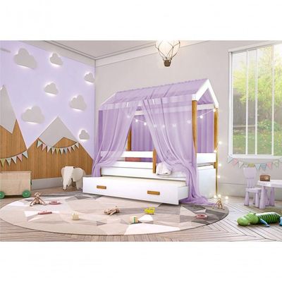 Cama Montessori Com Auxiliar Bola Led Colchão E Dossel Lilás