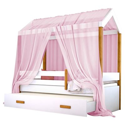 Cama Montessori Cabana Com Auxiliar Colchão E Dossel Rosa