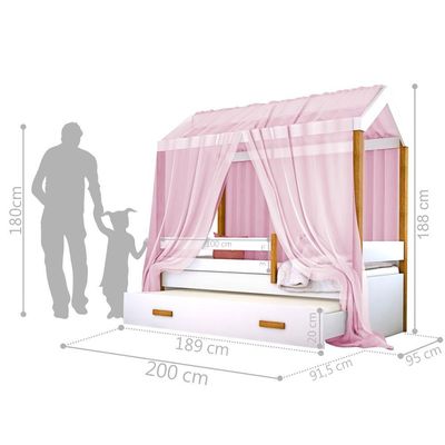 Cama Montessori Cabana Com Auxiliar Colchão E Dossel Rosa