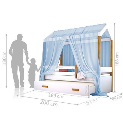 Cama Montessori Cabana Com Auxiliar Solteiro E Dossel Azul