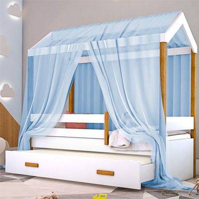 Cama Montessori Cabana Com Auxiliar Solteiro E Dossel Azul