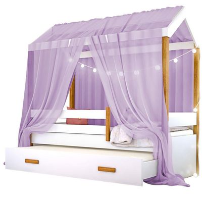 Cama Montessori Com Auxiliar Bola Led Colchão E Dossel Lilás