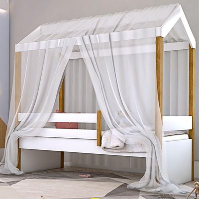 Cama Montessori Cabana Solteiro Com Colchão E Dossel Branco