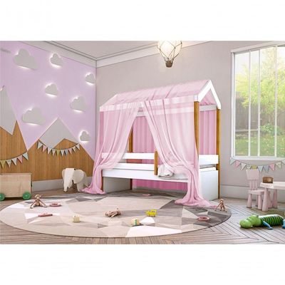 Cama Montessori Cabana Solteiro Com Colchão E Dossel Rosa