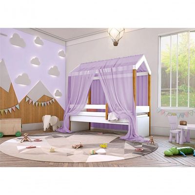 Cama Montessori Cabana Solteiro Com Colchão E Dossel Lilás