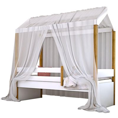 Cama Montessori Cabana Solteiro Com Dossel Branco