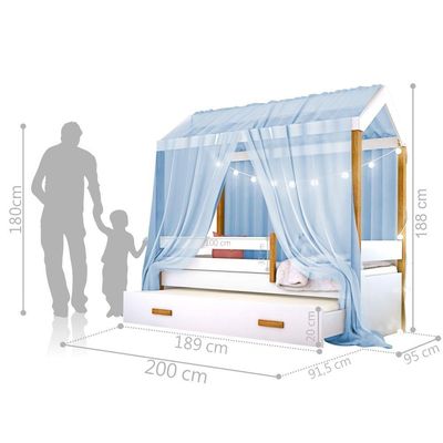 Cama Montessori Cabana Com Auxiliar Cordão Led E Dossel Azul