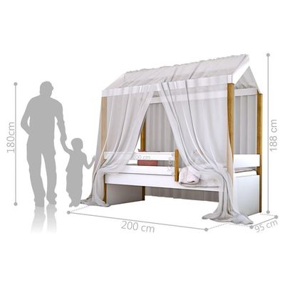Cama Montessori Cabana Solteiro Com Dossel Branco