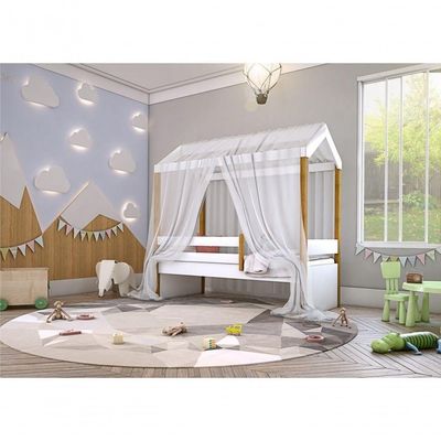 Cama Montessori Cabana Solteiro Com Dossel Branco