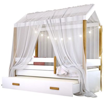 Cama Montessori Auxiliar Bola Led Colchão E Dossel Branco