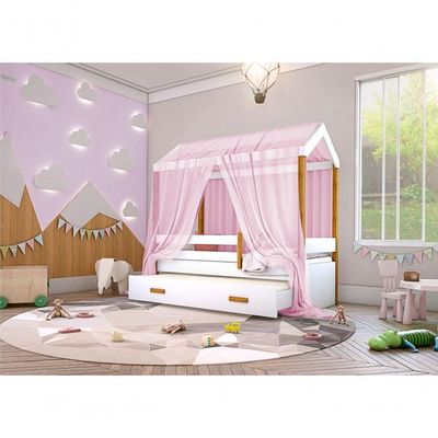 Cama Montessori Cabana Com Auxiliar Colchão E Dossel Rosa