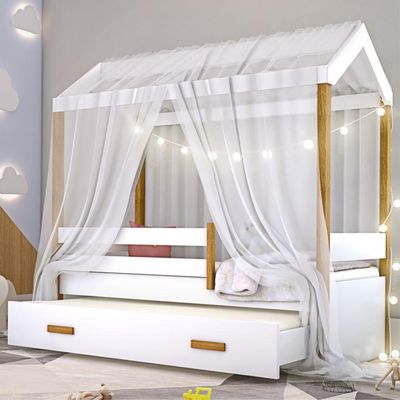 Cama Montessori Auxiliar Bola Led Colchão E Dossel Branco