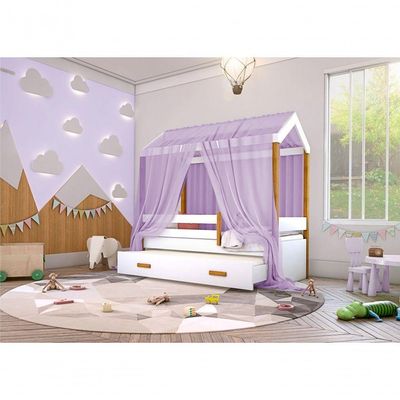 Cama Montessori Cabana Com Auxiliar Colchão E Dossel Lilás