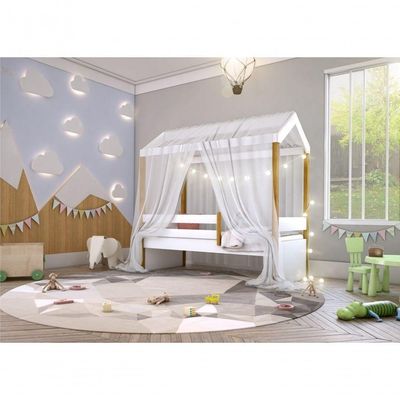 Cama Montessori Com Cordão Led Colchão E Dossel Branco