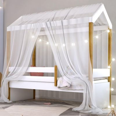 Cama Montessori Com Cordão Led Colchão E Dossel Branco