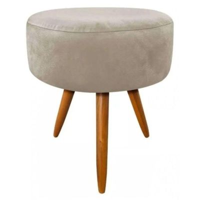 Puf Puff Banqueta Magnus Redondo Suede Bege Pés Palito Castanho